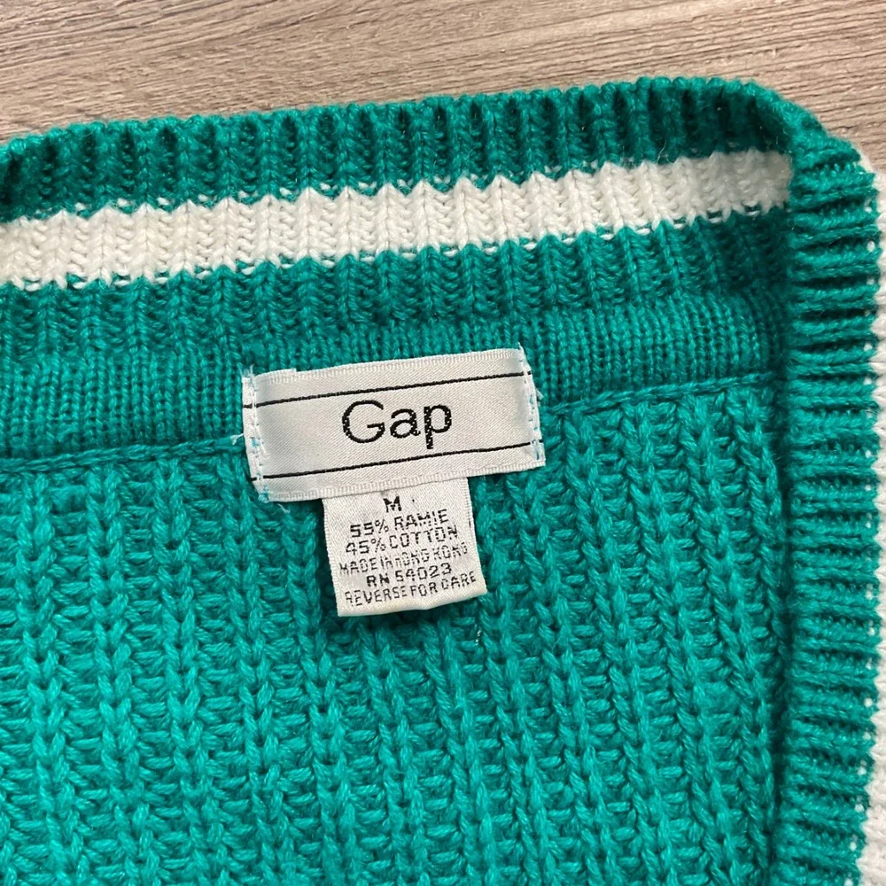 Vintage‎ 90s Gap Shaker Knit V Neck Preppy Sweater Women Medium Teal Green White